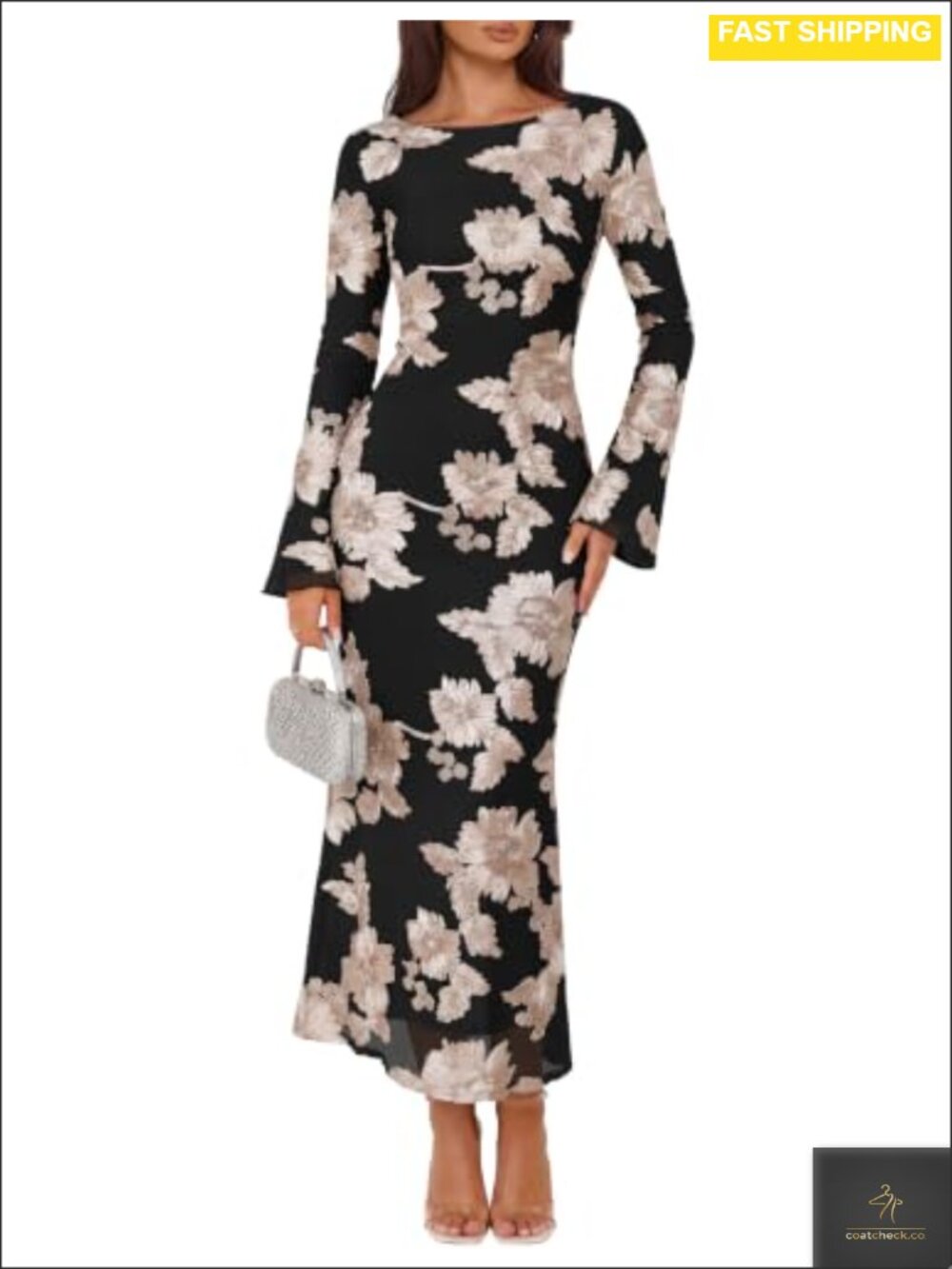 Women's Double Layer Mesh Midi Dress Long Sleeve Boat Neck BodyCon